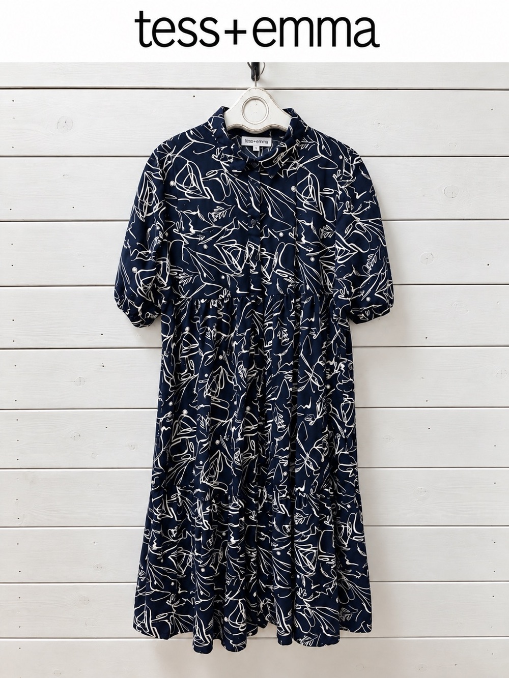 TESS + EMMA – Navy & White Abstract Print Tiered Dress – Size XL